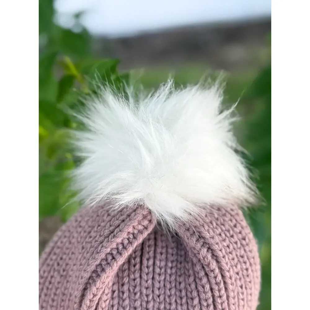 Steve Madden Women’s Knit Beanie Dusty Rose Pink Faux Fur Pom Pom Hat